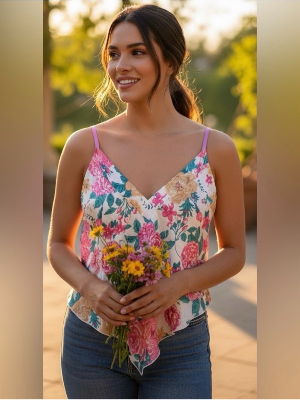Free People Intimately Handkerchief Floral V-Neck Cami Tank - Pink Floral S